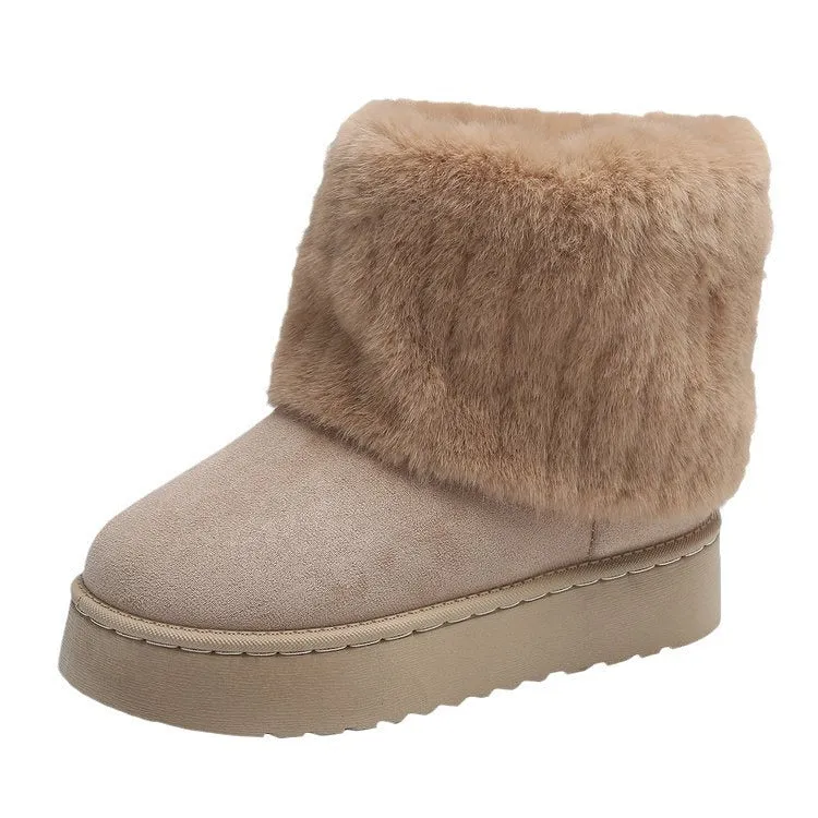 Thick-soled plush snow boots for women with synthetic leather upper and round toe, mid-tube design, in beige