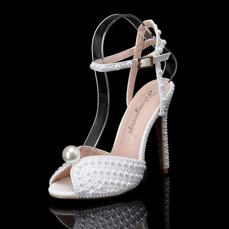 New peep-toe shallow mouth rhinestone pearl woman high-heeled shoes in beige