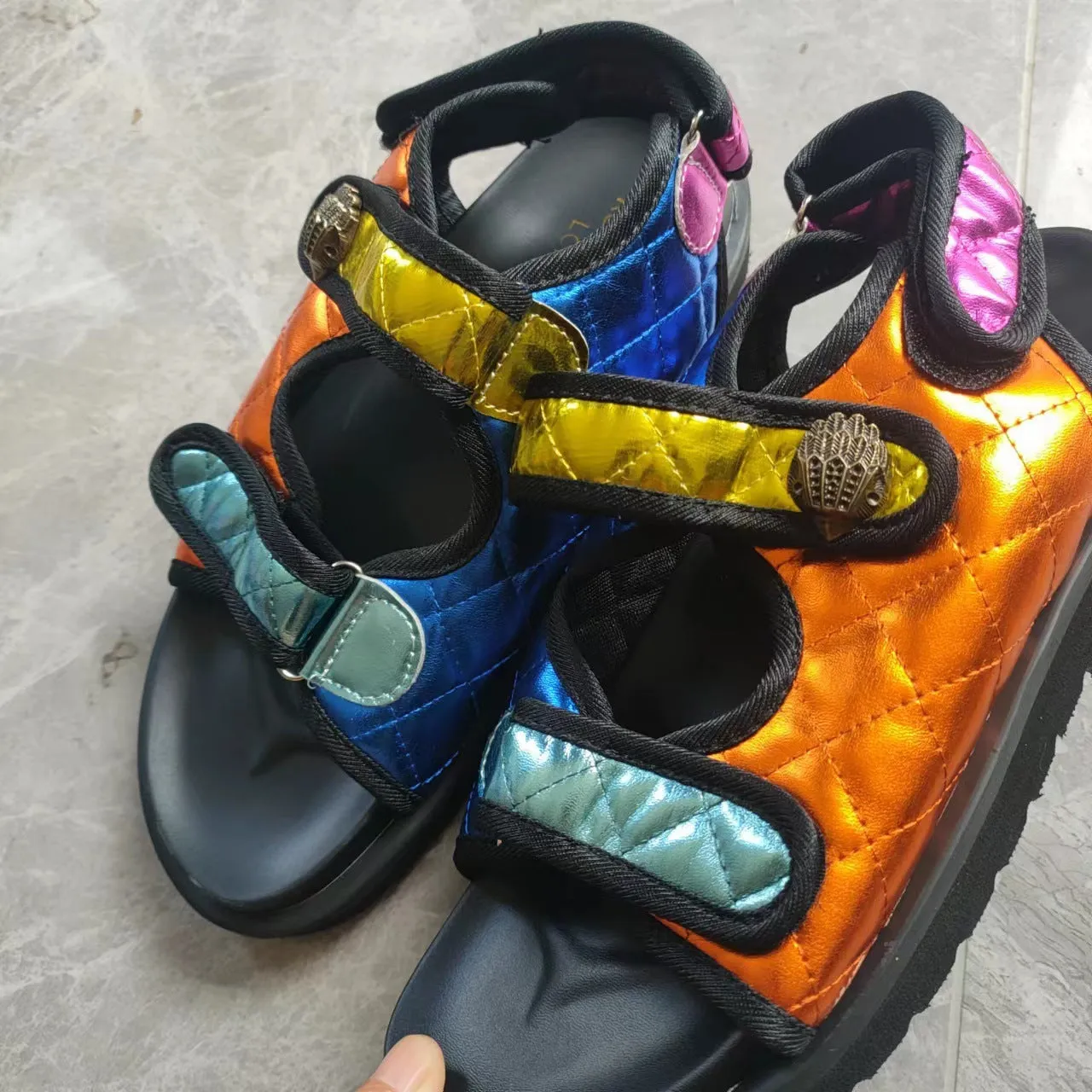 Women's plus size Velcro plaid sandals in cowhide leather with rubber sole, round toe