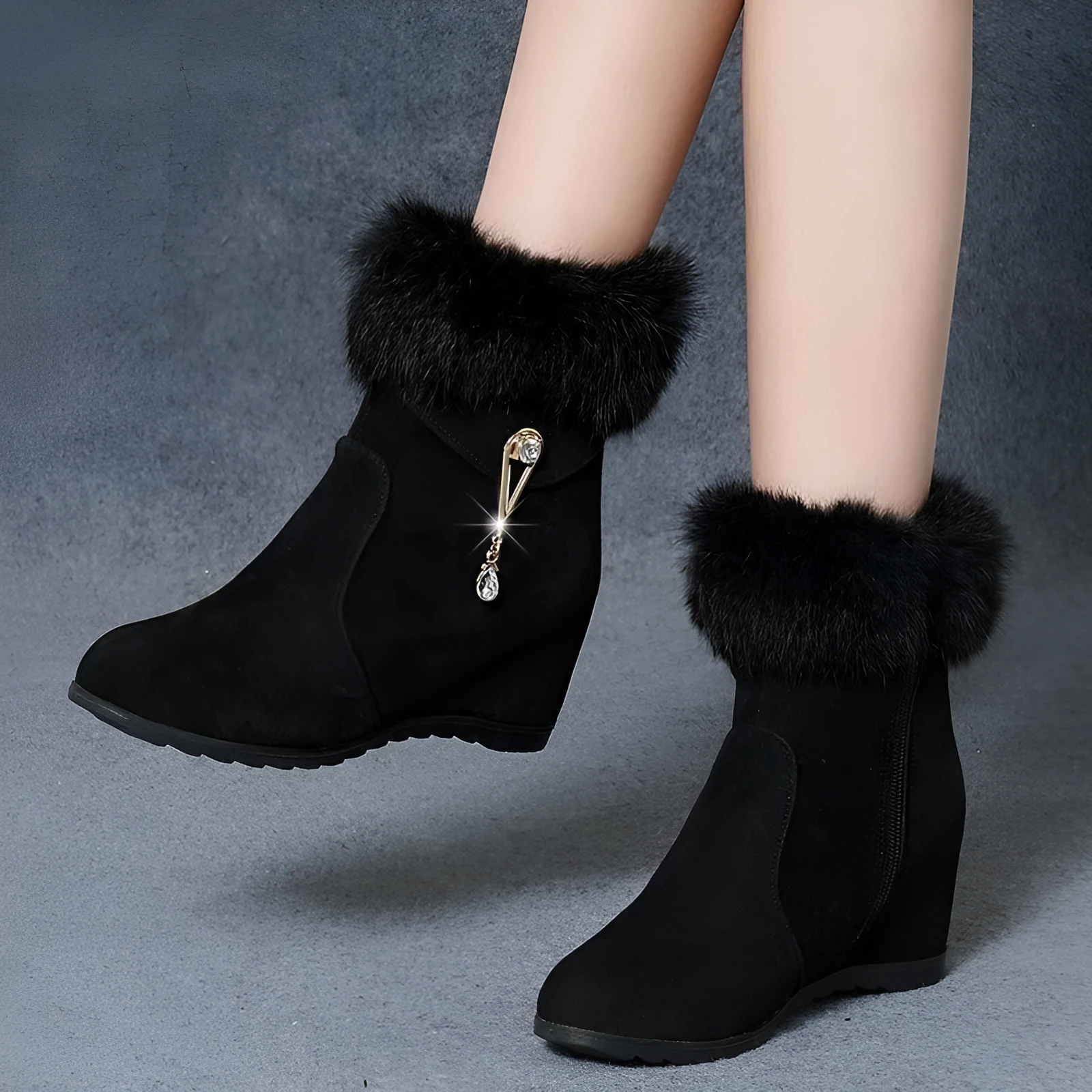 Women's black height increasing insole snow boots with fur upper, casual winter style, available in sizes 35 to 40