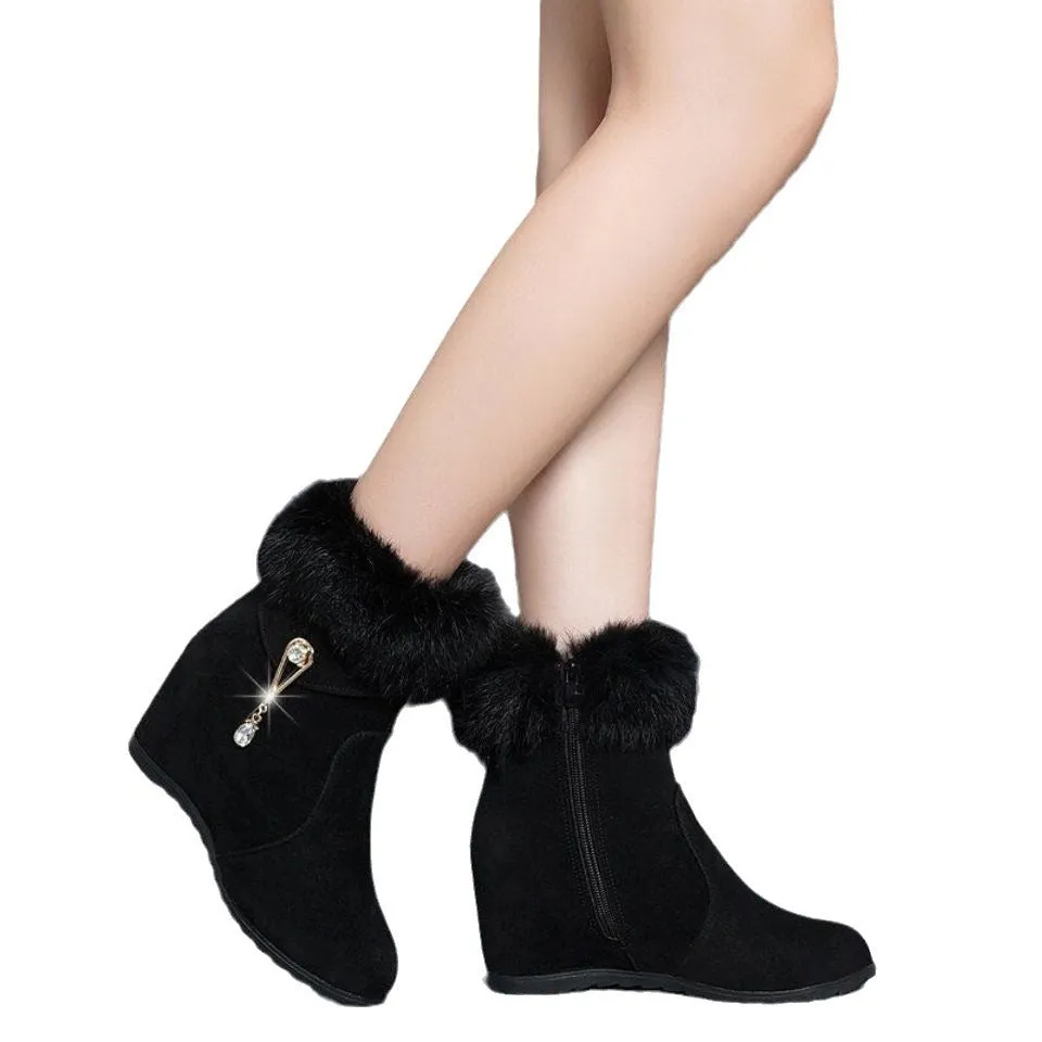 Women's black height increasing insole snow boots with fur upper, casual winter style, available in sizes 35 to 40