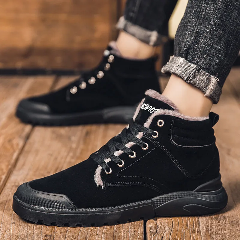 Men's winter warm plush ankle boots with suede upper, rubber sole, round toe, and front tie closure, available in multiple colours