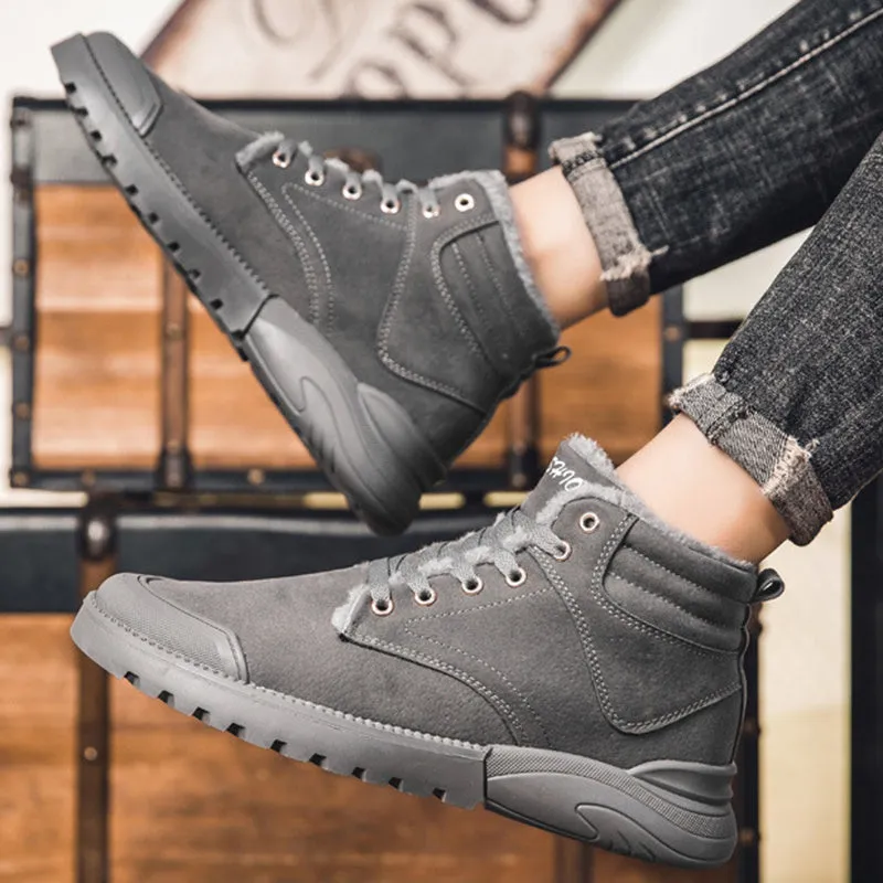 Men's winter warm plush ankle boots with suede upper, rubber sole, round toe, and front tie closure, available in multiple colours
