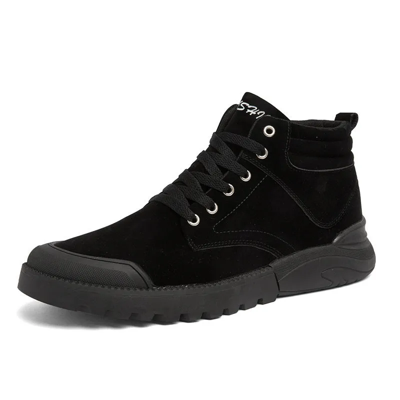 Men's winter warm plush ankle boots with suede upper, rubber sole, round toe, and front tie closure, available in multiple colours