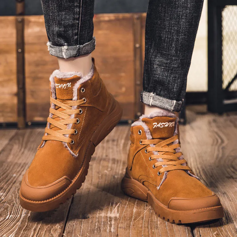 Men's winter warm plush ankle boots with suede upper, rubber sole, round toe, and front tie closure, available in multiple colours