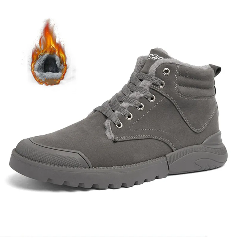 Men's winter warm plush ankle boots with suede upper, rubber sole, round toe, and front tie closure, available in multiple colours