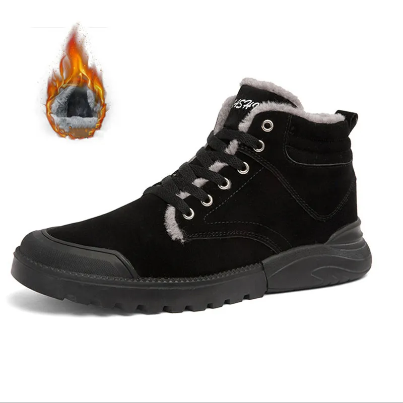 Men's winter warm plush ankle boots with suede upper, rubber sole, round toe, and front tie closure, available in multiple colours