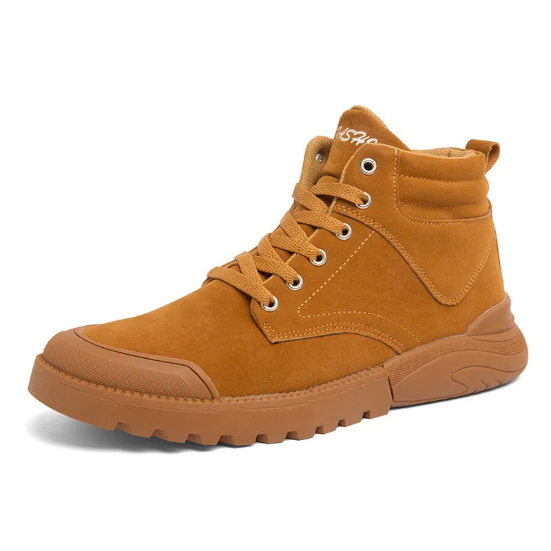 Men's winter warm plush ankle boots with suede upper, rubber sole, round toe, and front tie closure, available in multiple colours
