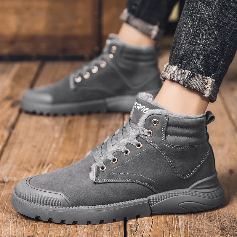 Men's winter warm plush ankle boots with suede upper, rubber sole, round toe, and front tie closure, available in multiple colours