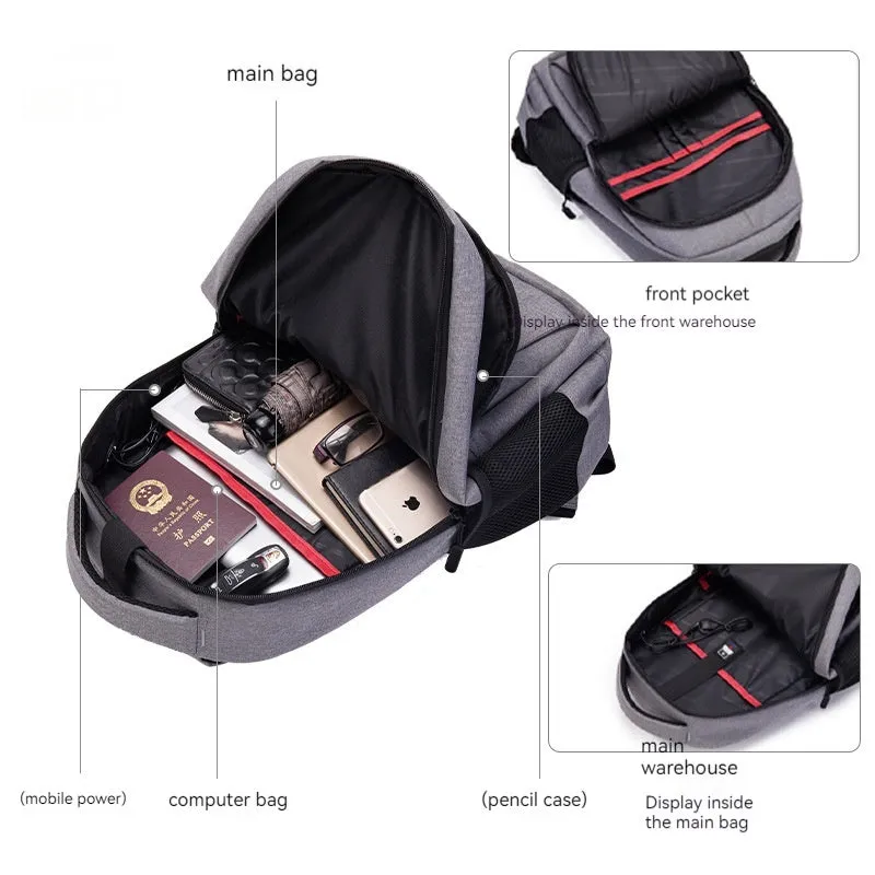 Men's large capacity Oxford cloth backpack in solid colour with sewing thread details, fits 17 inch laptop