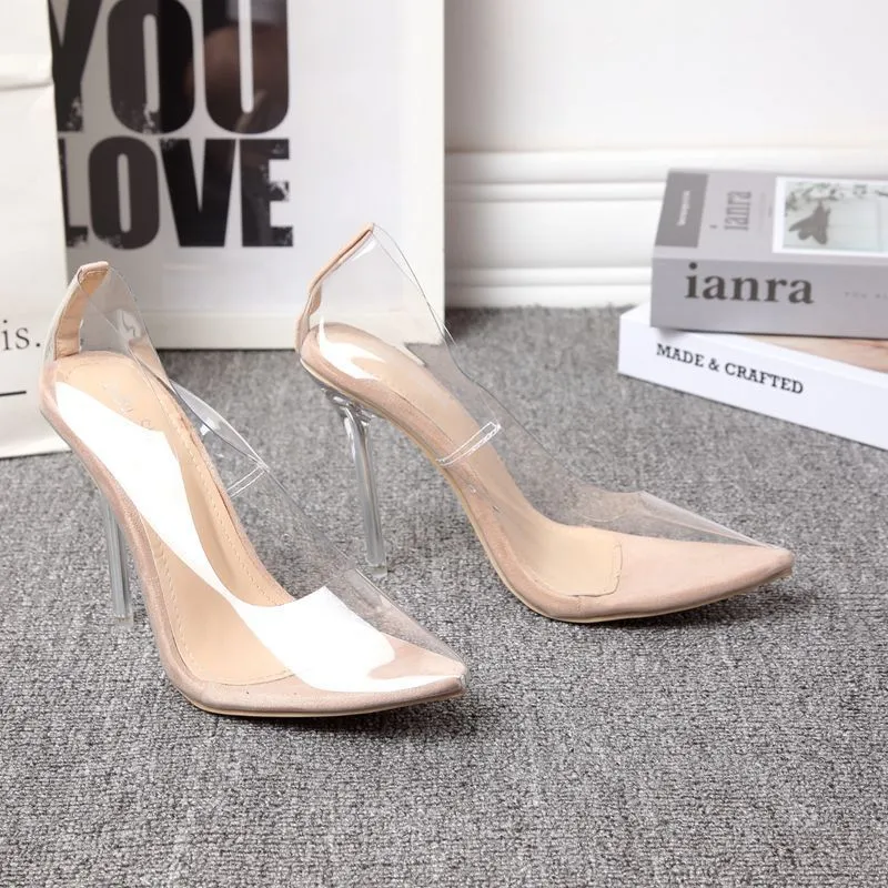 Women's transparent suede pointed stiletto pumps low-cut shallow mouth height increasing shoes apricot colour