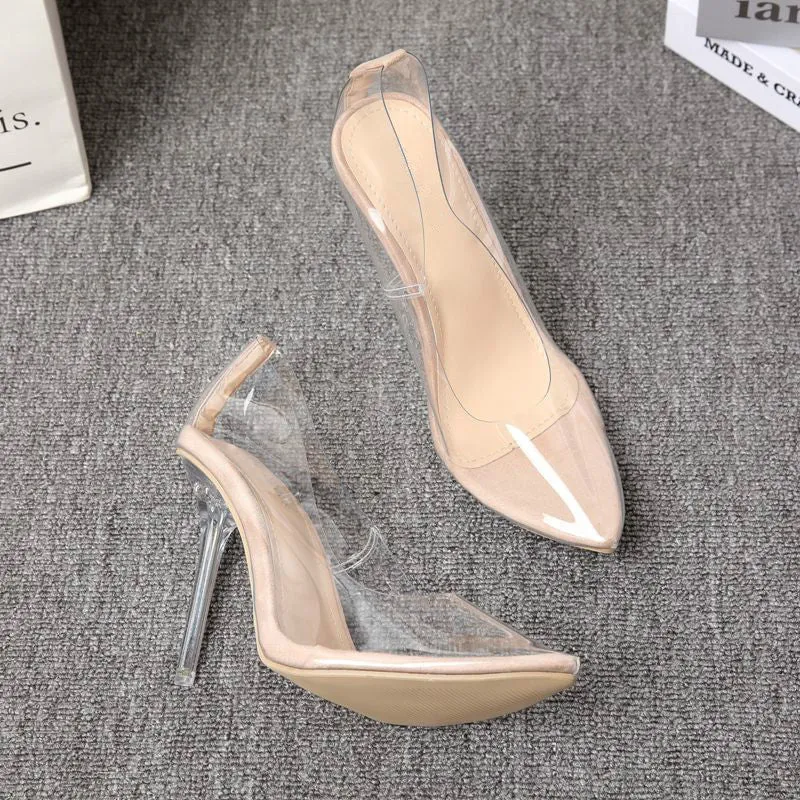 Women's transparent suede pointed stiletto pumps low-cut shallow mouth height increasing shoes apricot colour