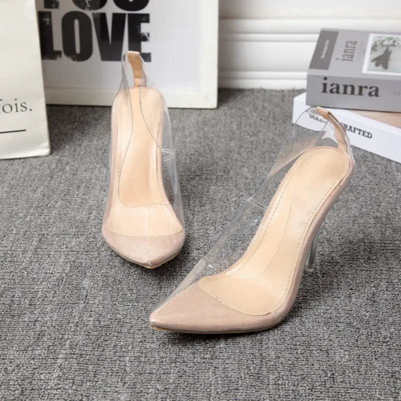 Women's transparent suede pointed stiletto pumps low-cut shallow mouth height increasing shoes apricot colour