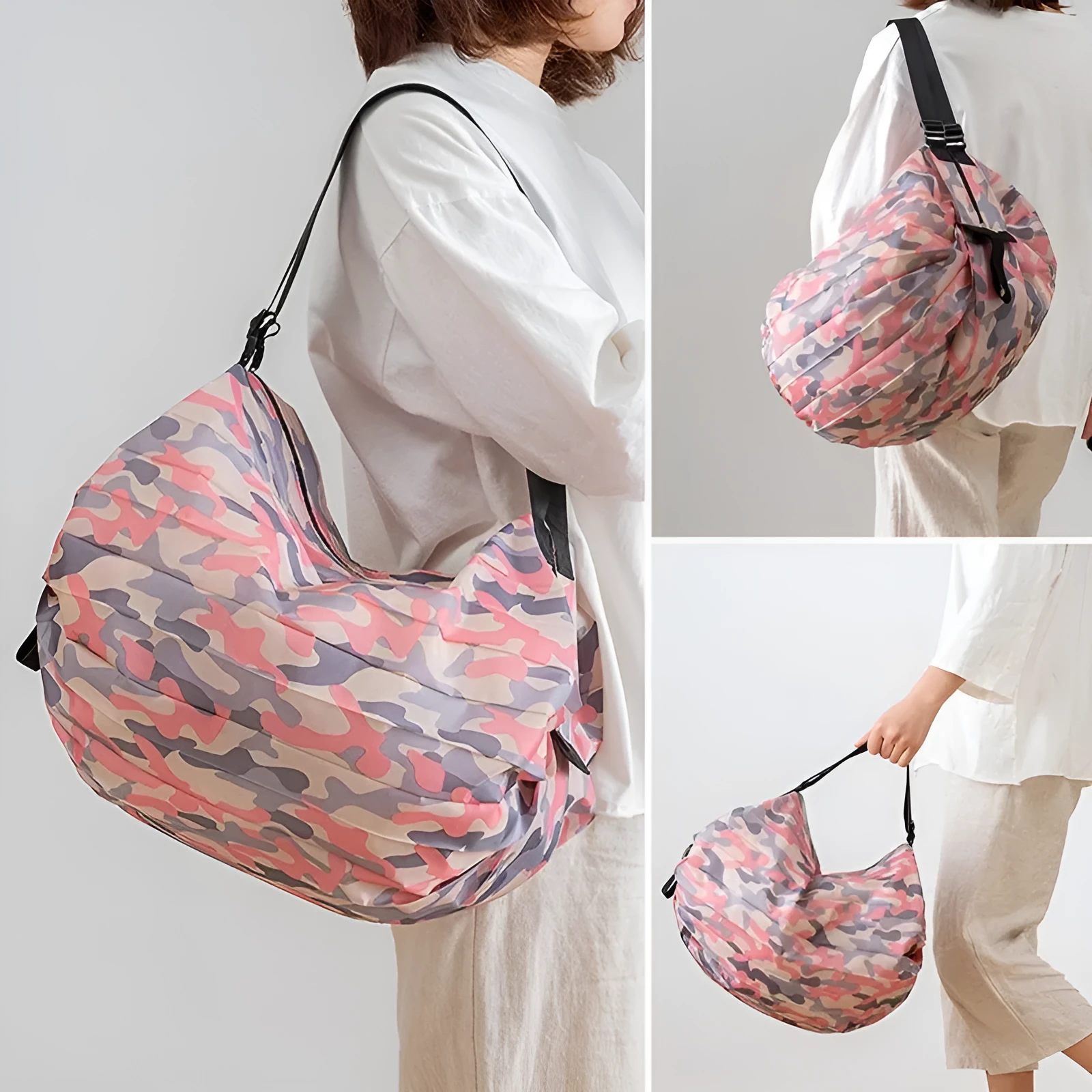 Foldable large-capacity shopping bag in 210d Oxford cloth with pink camouflage colour, hanging on a wall hook