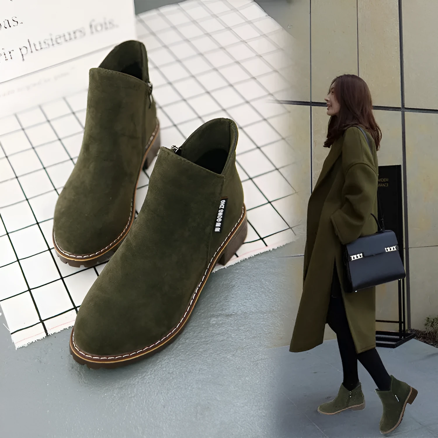 Retro fashion ladies ankle boots in martin cashmere style with thick heel, army green colour