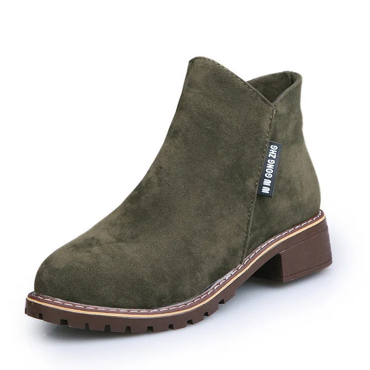Retro fashion ladies ankle boots in martin cashmere style with thick heel, army green colour