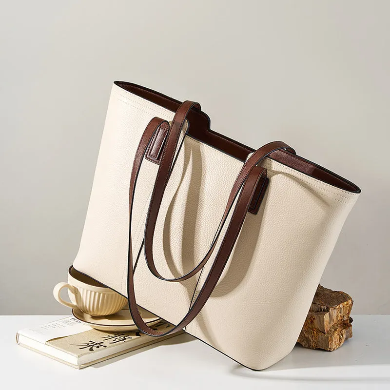 Women's genuine leather commuter shoulder bag with multiple internal compartments in horizontal square shape