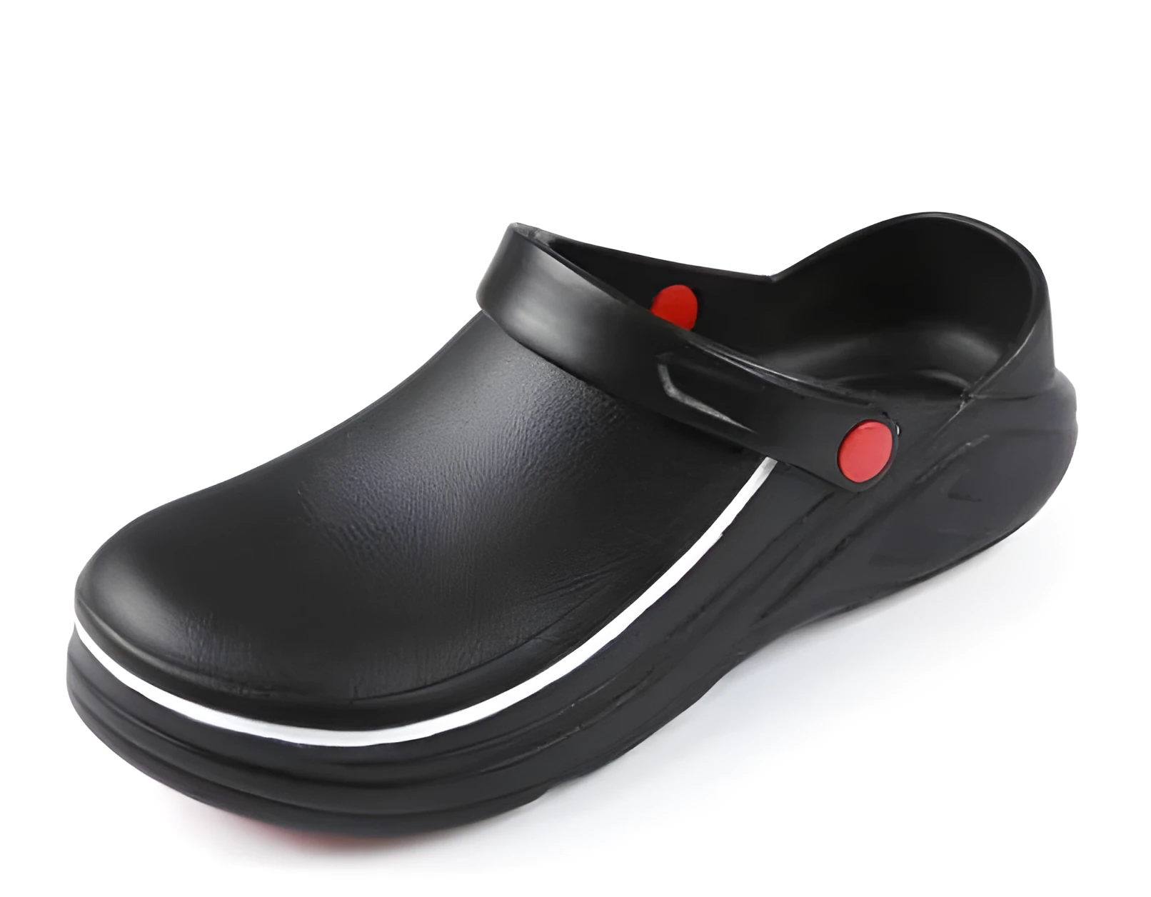 Black slip resistant EVA chef clogs with non-slip rubber outsole for kitchen work