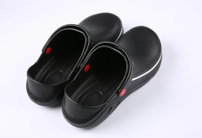Black slip resistant EVA chef clogs with non-slip rubber outsole for kitchen work