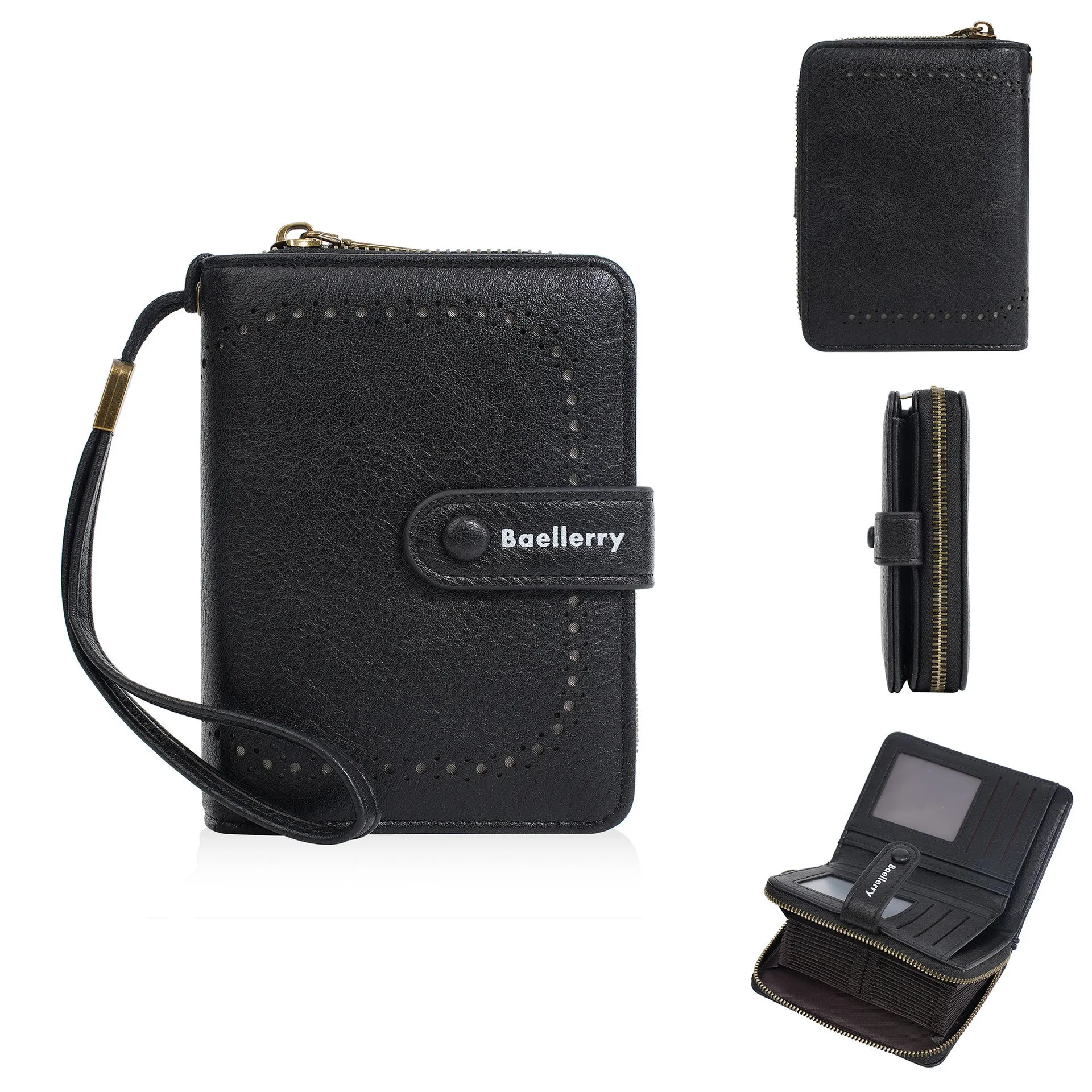 Women's black PU leather coin purse with integrated card storage and silver zipper closure