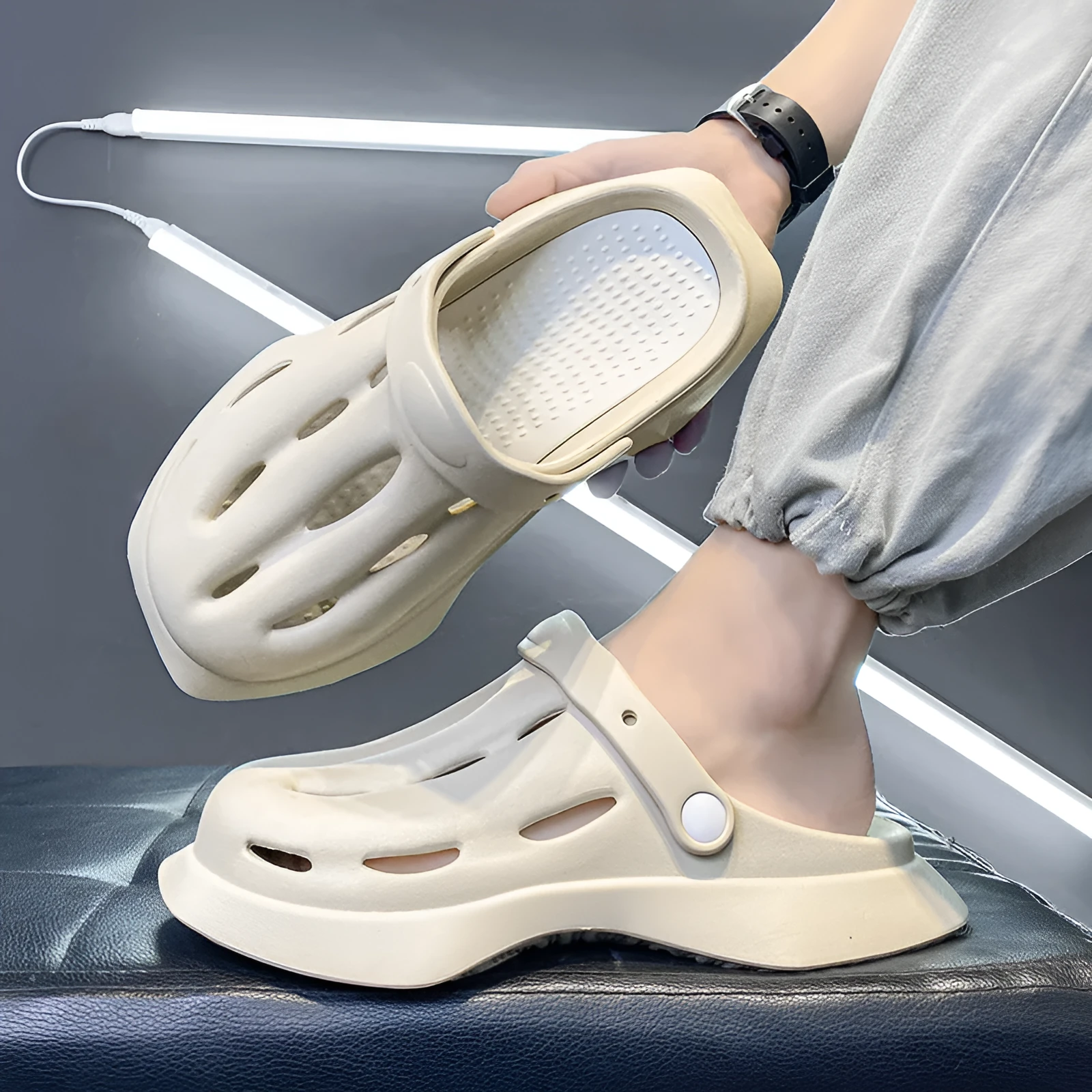 Beige EVA ankle-wrap clogs for garden and beach non-slip summer wear