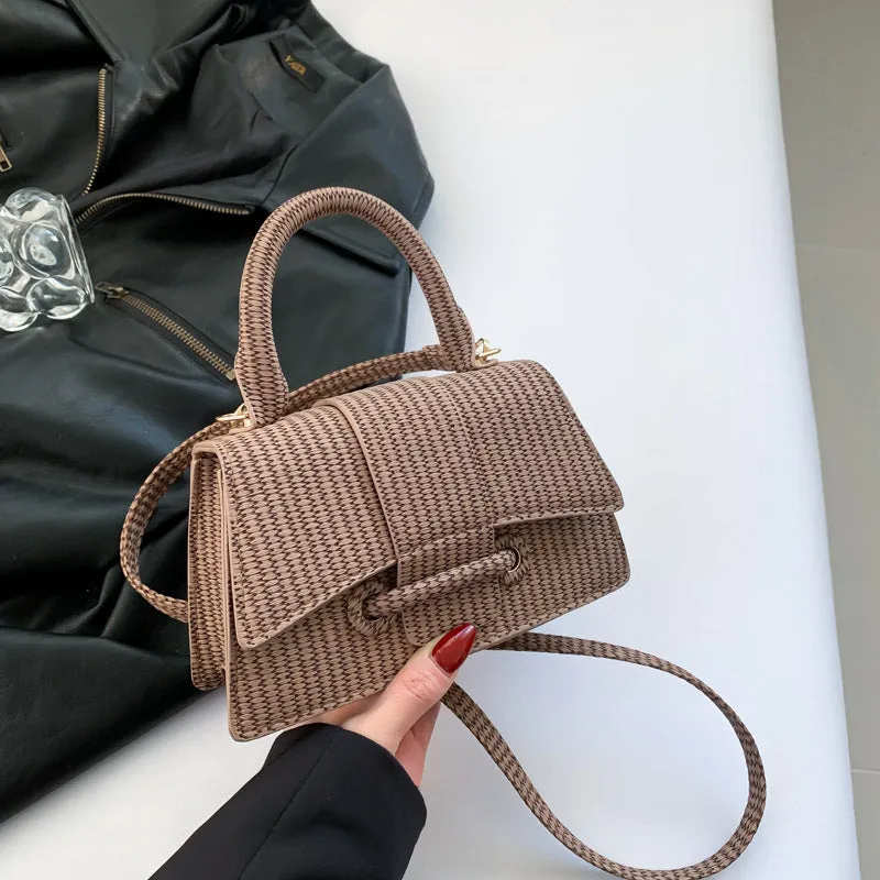 French fashion casual PU leather shoulder messenger crossbody bag for women in khaki with outer sandwich pocket
