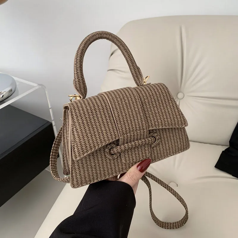 French fashion casual PU leather shoulder messenger crossbody bag for women in khaki with outer sandwich pocket