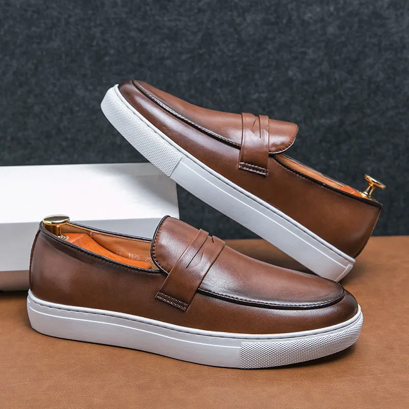 Plus size men's board shoes in black with round toe, flat heel, and artificial PU upper