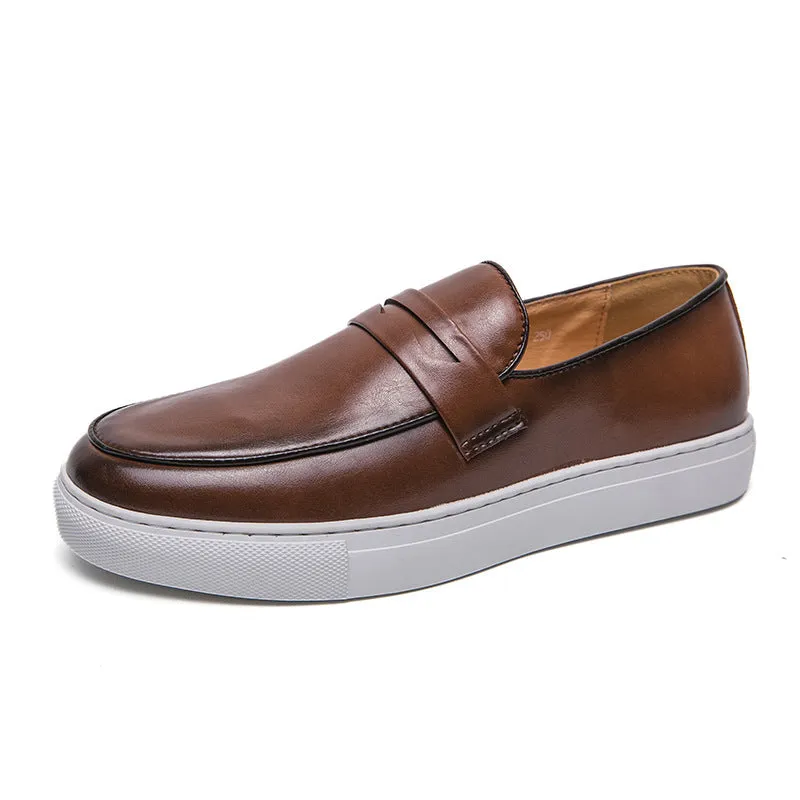 Plus size men's board shoes in black with round toe, flat heel, and artificial PU upper