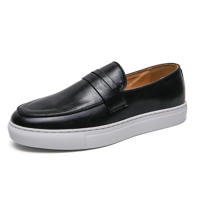 Plus size men's board shoes in black with round toe, flat heel, and artificial PU upper