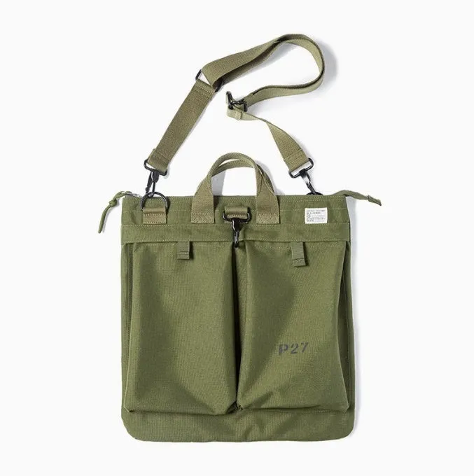 Canvas crossbody messenger bag in retro style showing military green colour with shoulder strap