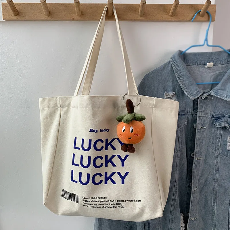 Natural canvas student shopping tote bag with metal magnet buckle and small pocket, 32x31.5x10cm
