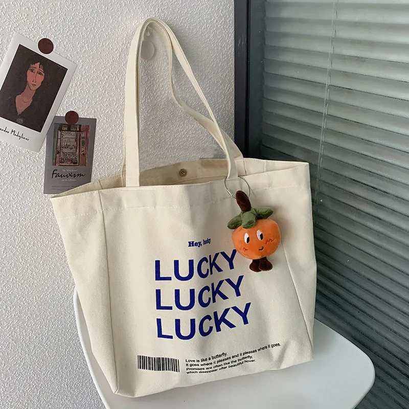 Natural canvas student shopping tote bag with metal magnet buckle and small pocket, 32x31.5x10cm