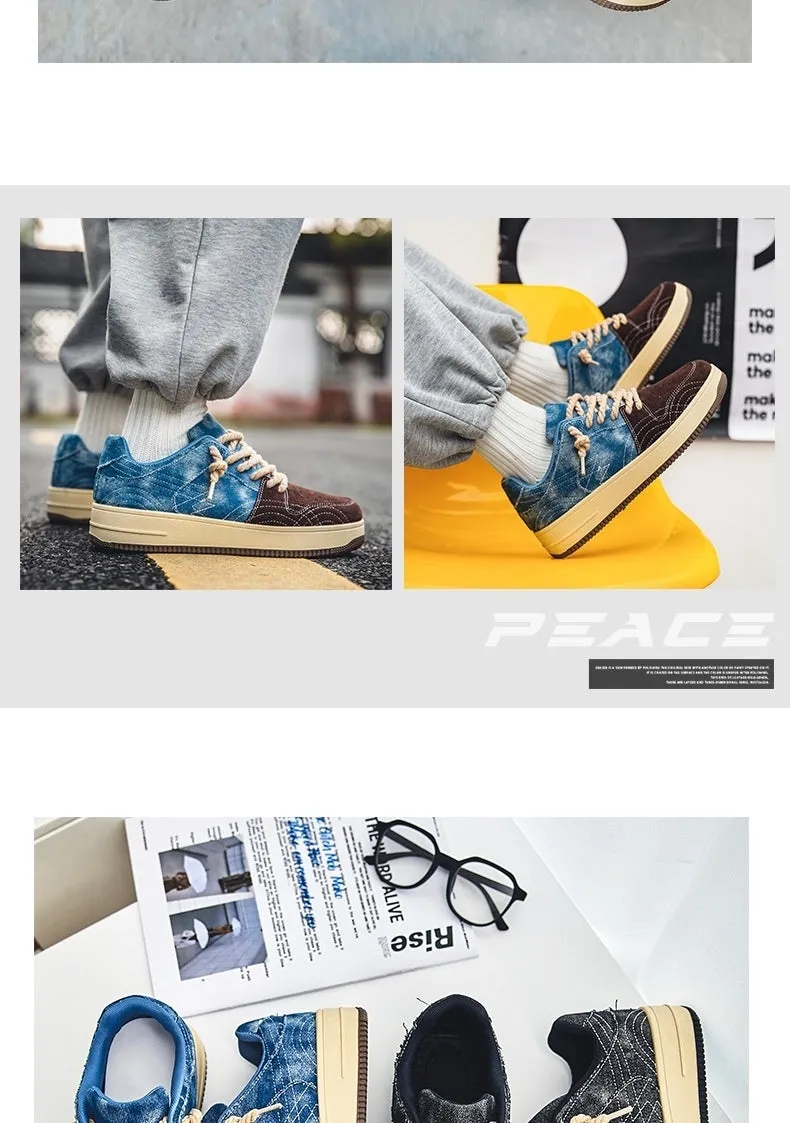 Men’s lace-up denim board shoes in Denim Blue with rubber sole and stitching details