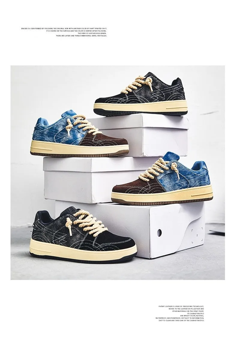 Men’s lace-up denim board shoes in Denim Blue with rubber sole and stitching details