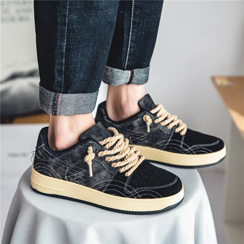 Men’s lace-up denim board shoes in Denim Blue with rubber sole and stitching details