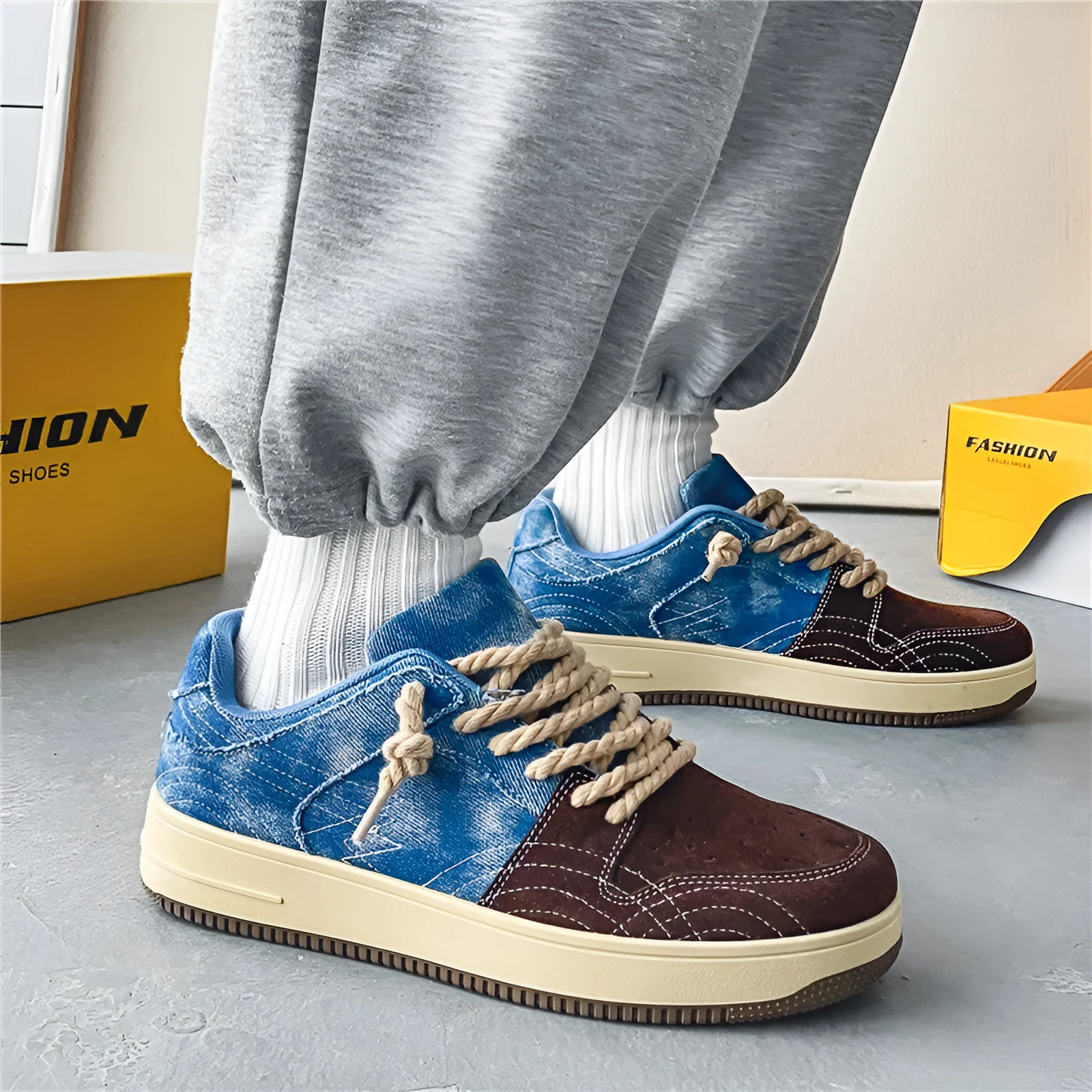 Men’s lace-up denim board shoes in Denim Blue with rubber sole and stitching details