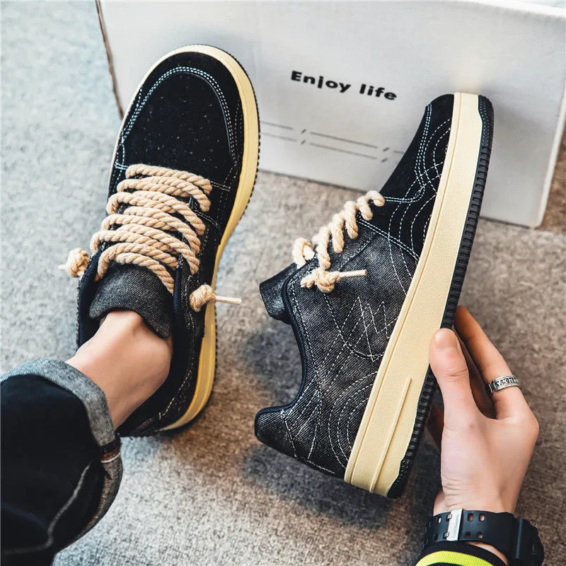 Men’s lace-up denim board shoes in Denim Blue with rubber sole and stitching details