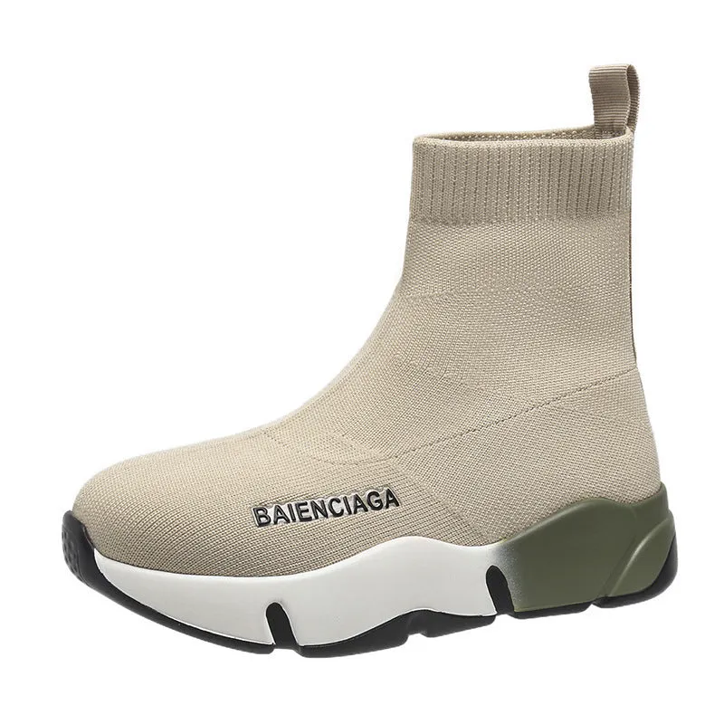 Women's black platform sock boots with cloth upper, rubber sole, round toe, thick heel, and low tube design on a neutral background
