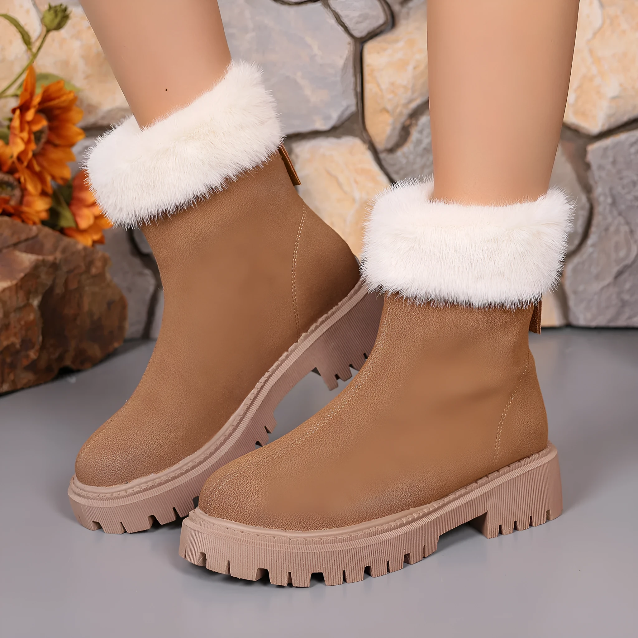 Women's square heel winter snow boots with cotton lining in black and khaki, non-slip sole, sizes 35 to 43