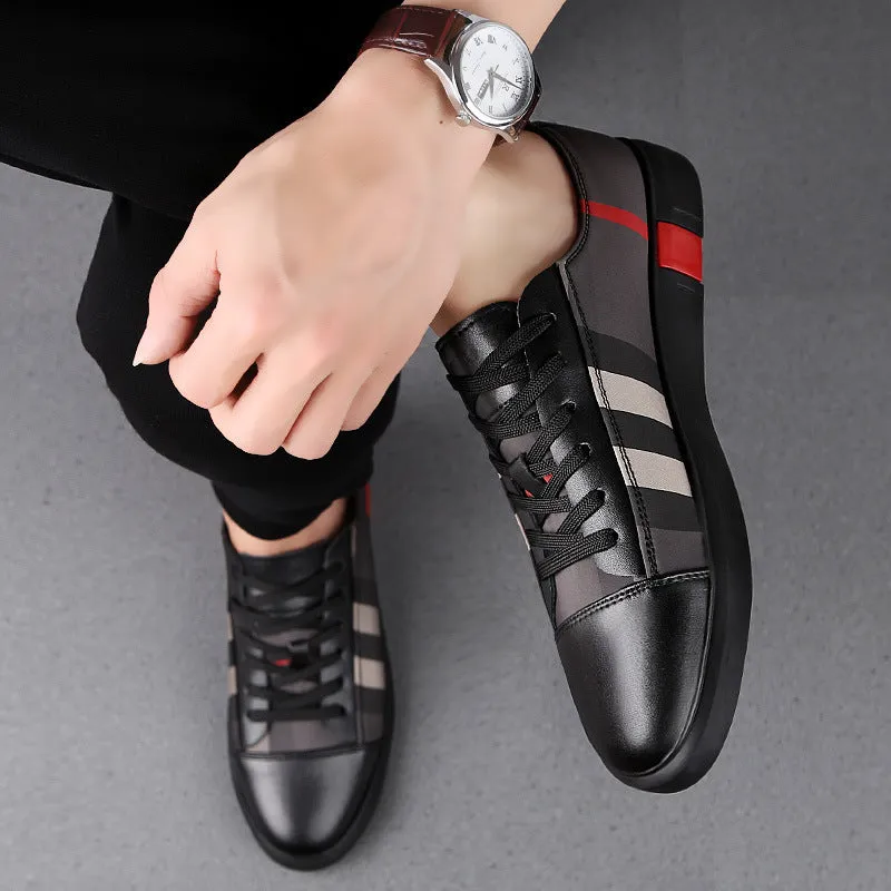 White Korean style breathable leather sneakers for men, round toe with car suture and grid pattern, on a plain background
