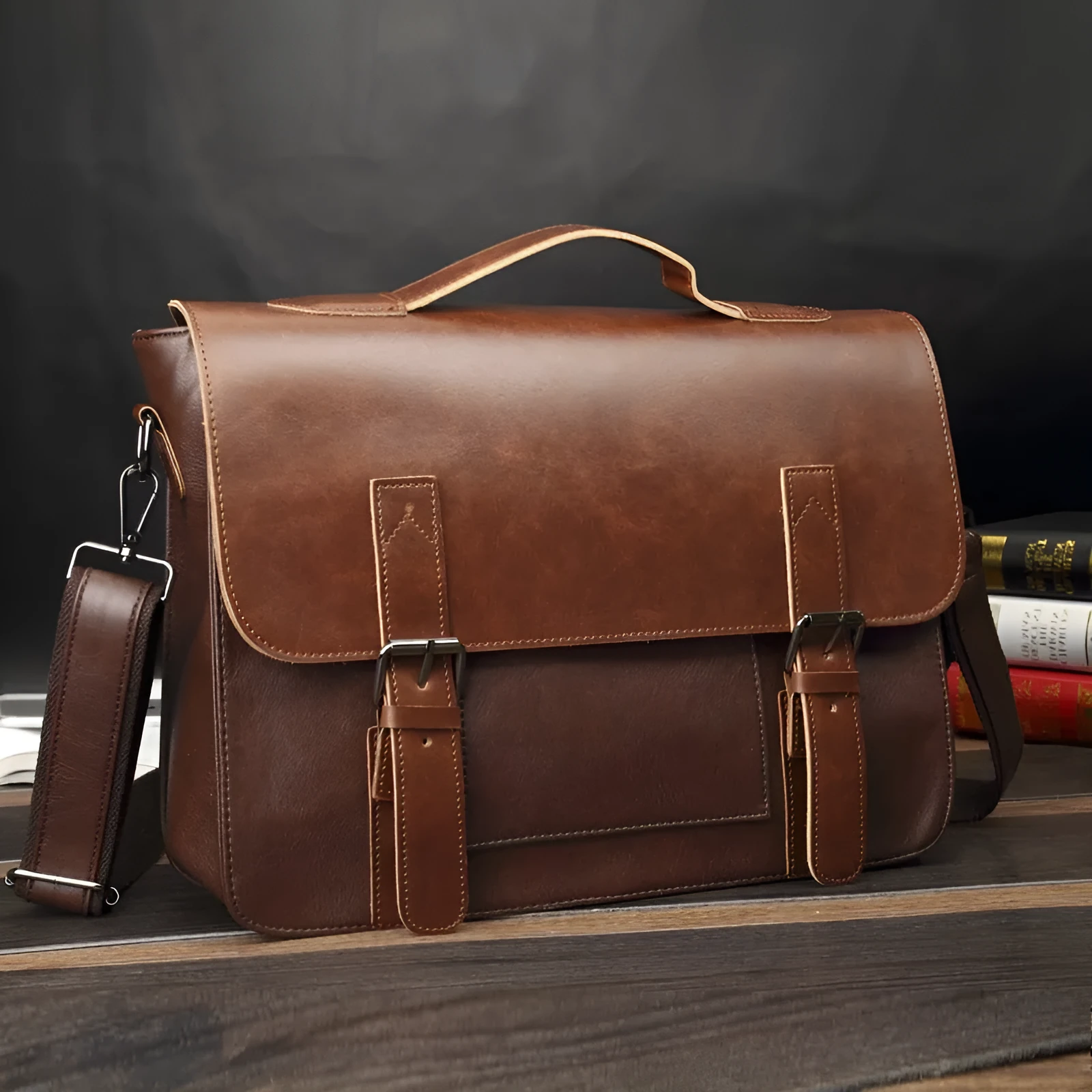 Men's casual shoulder bag in black PU leather, horizontal square shape, 36x29x11cm, with cover-style opening