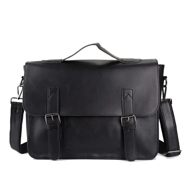 Men's casual shoulder bag in black PU leather, horizontal square shape, 36x29x11cm, with cover-style opening