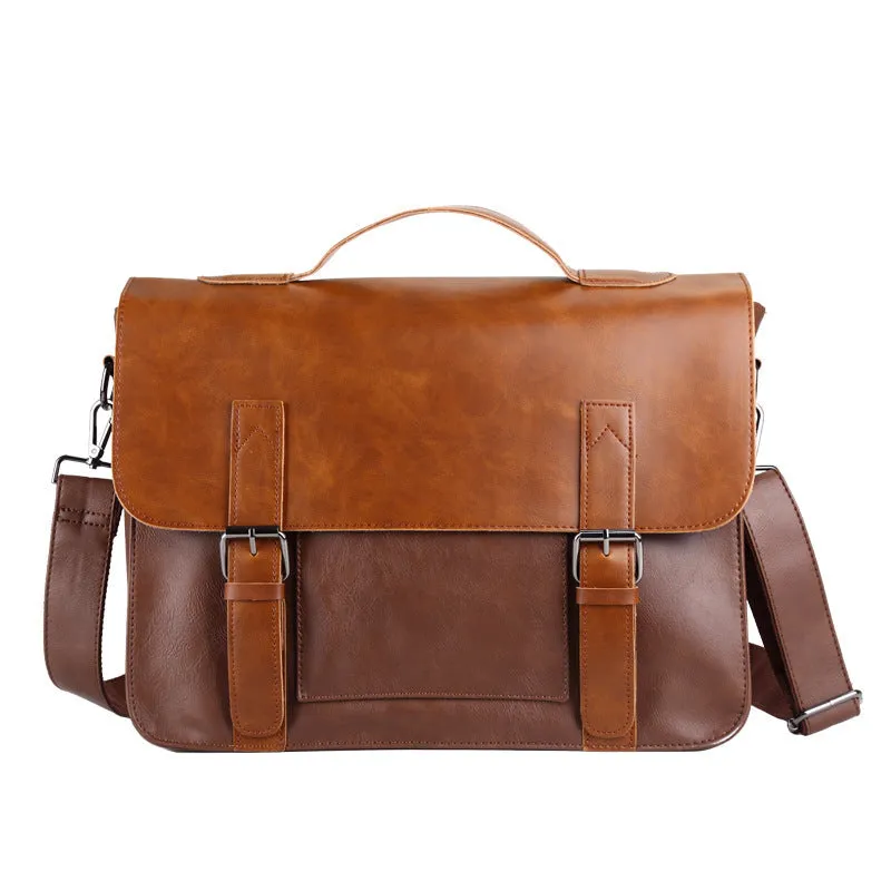 Men's casual shoulder bag in black PU leather, horizontal square shape, 36x29x11cm, with cover-style opening