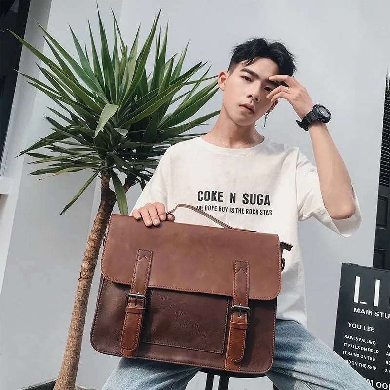 Men's casual shoulder bag in black PU leather, horizontal square shape, 36x29x11cm, with cover-style opening