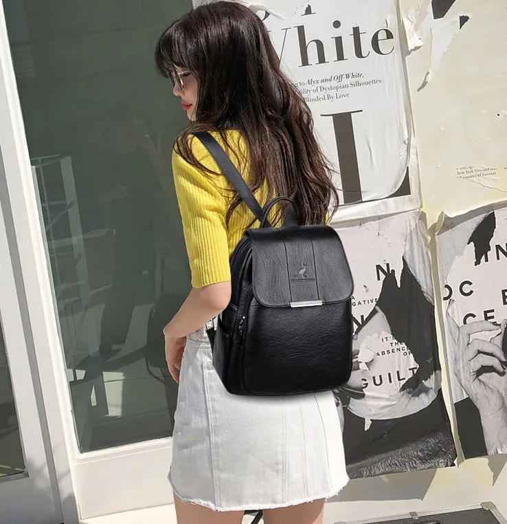 Fashion backpack in PU material with dimensions 30x24x12cm, shown in five colours including Black and Grey