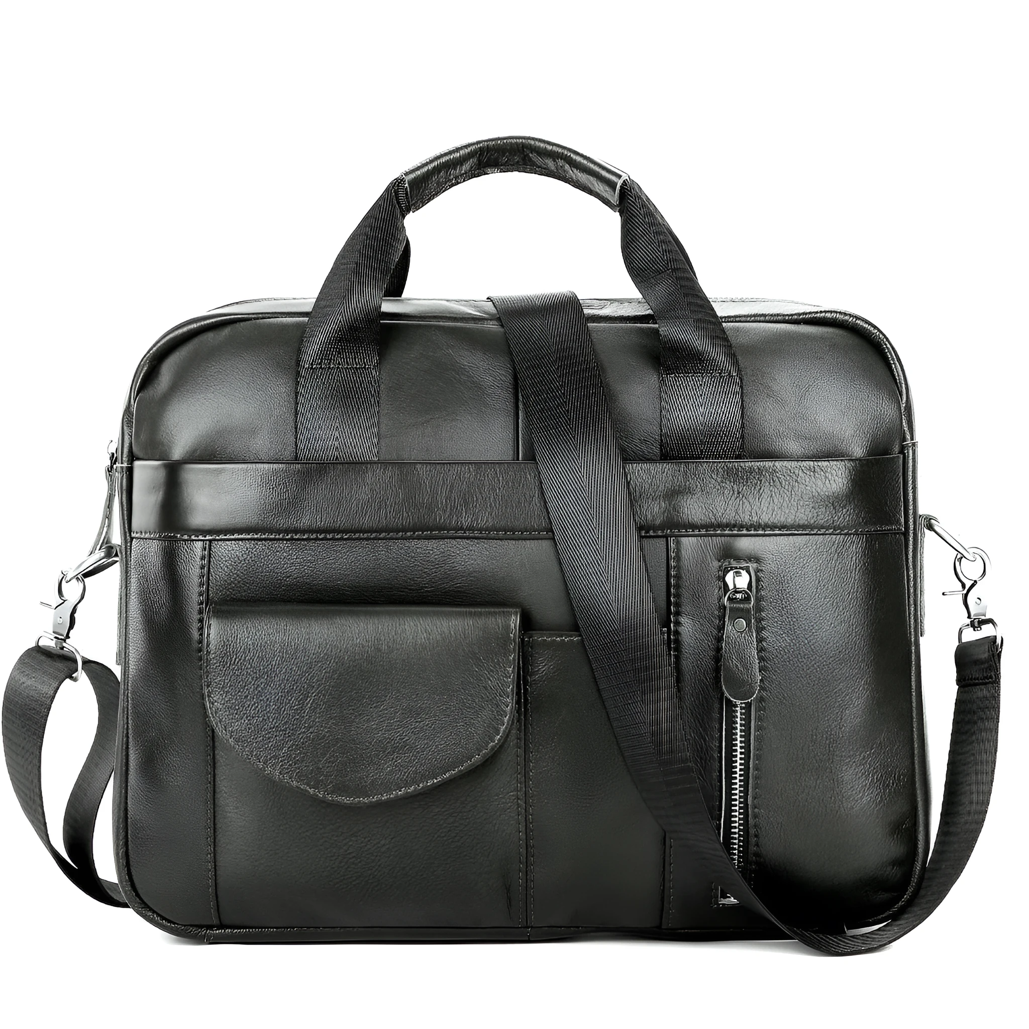 Men's brown cowhide leather cross-body briefcase with zipper front pocket on a neutral background