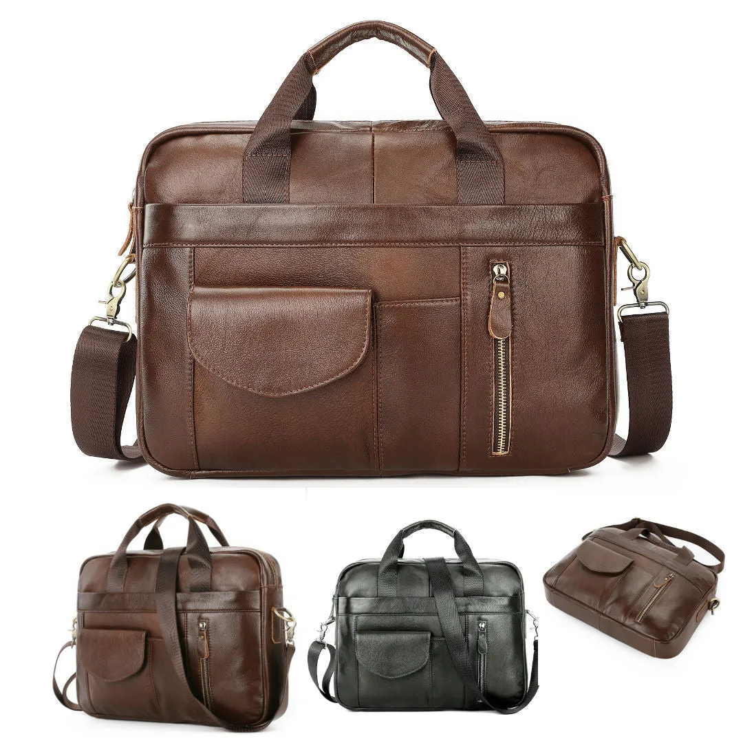 Men's brown cowhide leather cross-body briefcase with zipper front pocket on a neutral background