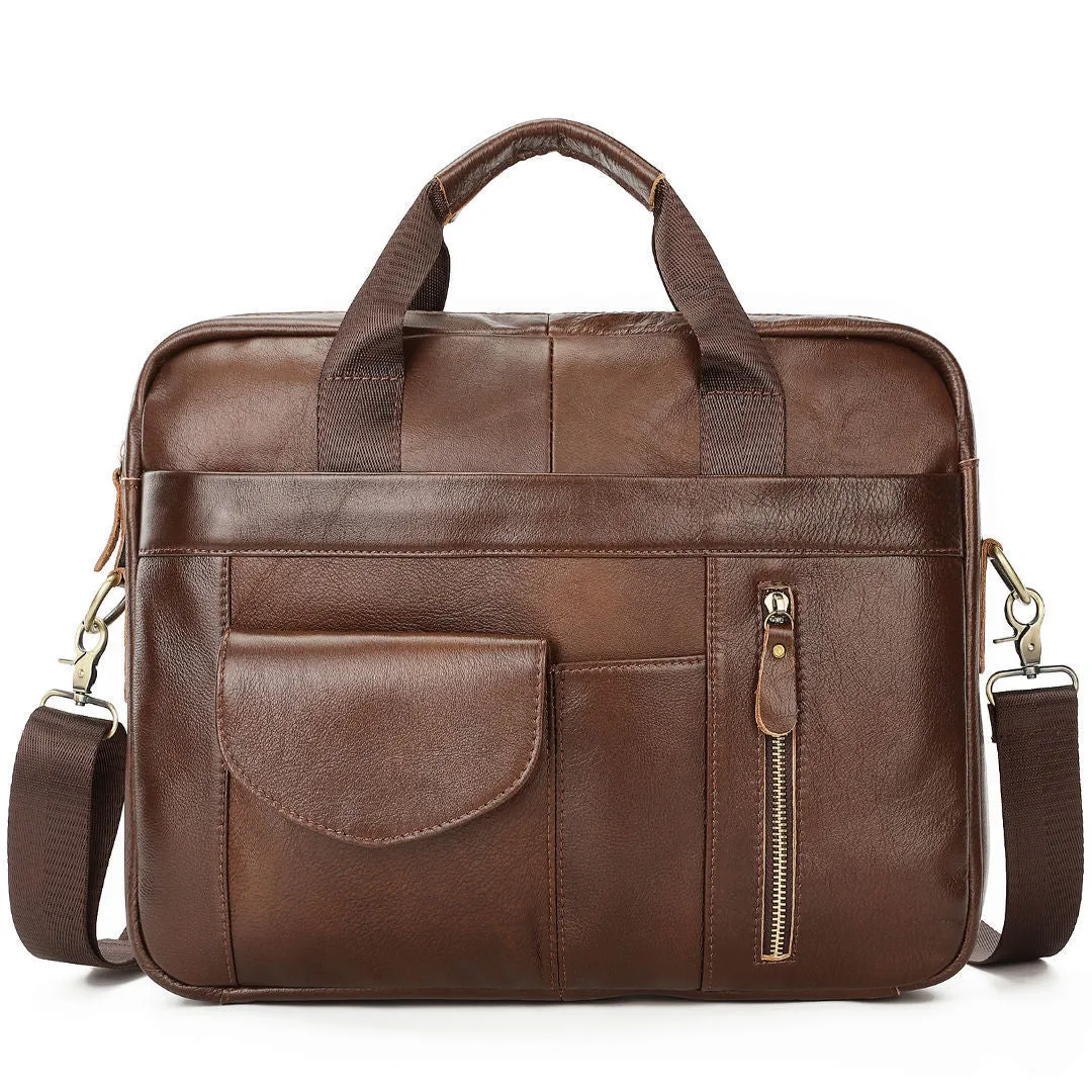 Men's brown cowhide leather cross-body briefcase with zipper front pocket on a neutral background