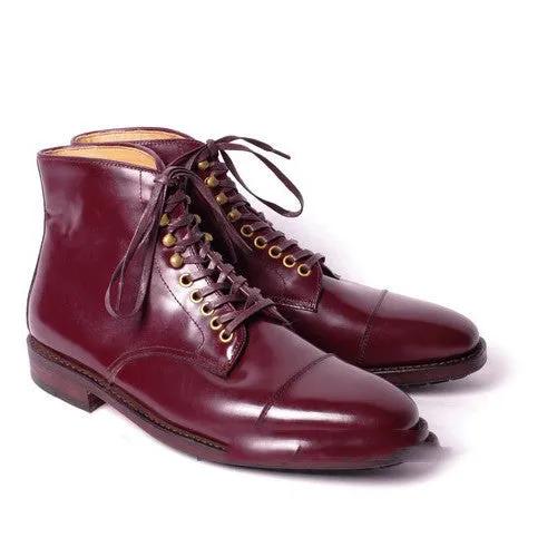Men's three joint gentleman suit leather boots in black with tie wrap closure and medium tube height
